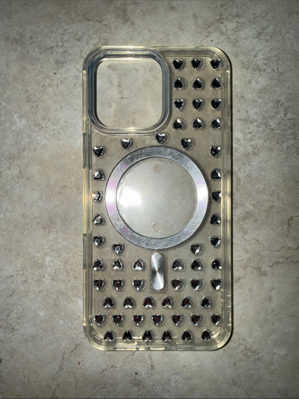 iPhone 16 Pro Max Case - Clear with Silver Heart Studs